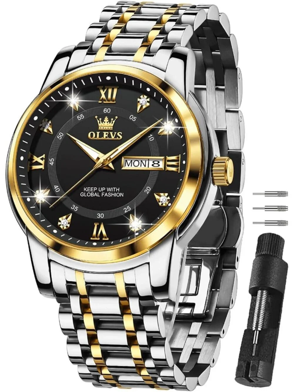 Mens Silver Black Stainless Steel Waterproof Roman Numbers Diamond Classic Watch